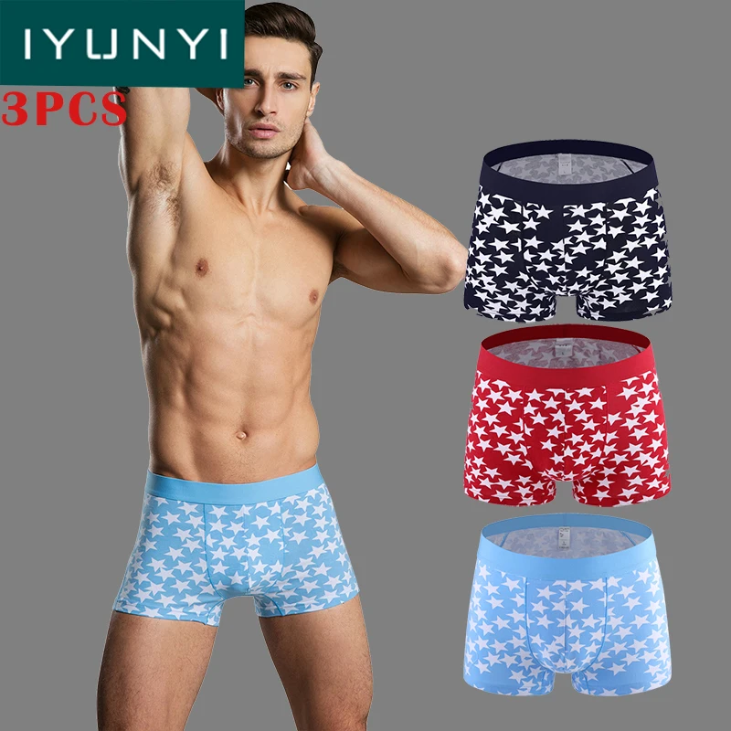 IYUNYI 3Pcs\lot Men Fashion Underwear Star Printed Cotton Men's Boxers