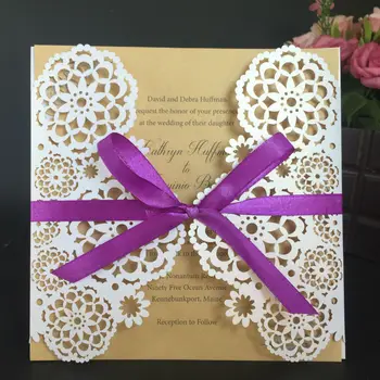 

100pcs flower design laser cutting wedding invitaation card Luxury ribbon bow decorated white flower greeting card free printing