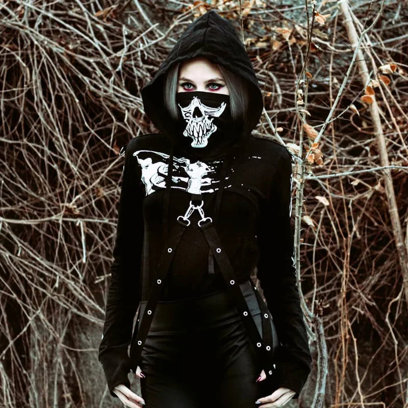  InstaHot Gothic Punk Hooded Hoodies Women Black Skeleton Print Mask Long Sleeve Crop Tops 2019 Fash