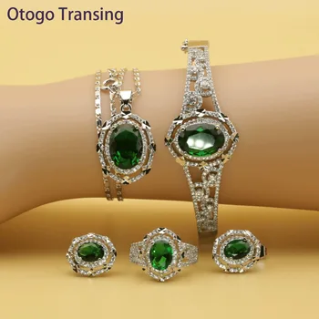 

Otogo Transing 2019 Round Green Cubic Zirconia Silver Color Jewelry Sets For Women Earring Pendant Necklace Ring Bracelet SET202