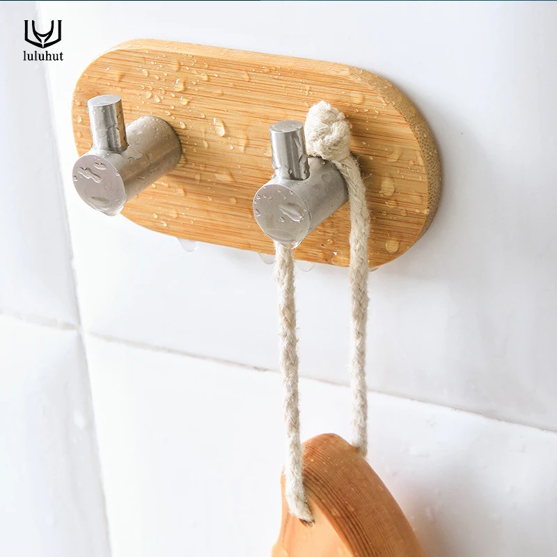 

luluhut bamboo wood stainless steel hook adhesive wall clothes key bag hanger bathroom kitchen door hook towel rustproof hook