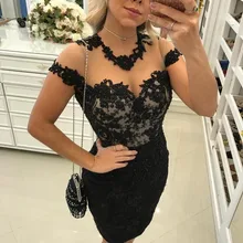 Черный коктейльные платья платье с кружевной рукав-крылышко бисером прозрачные элегантные Короткое мини платье, вечерние, выпускные платья