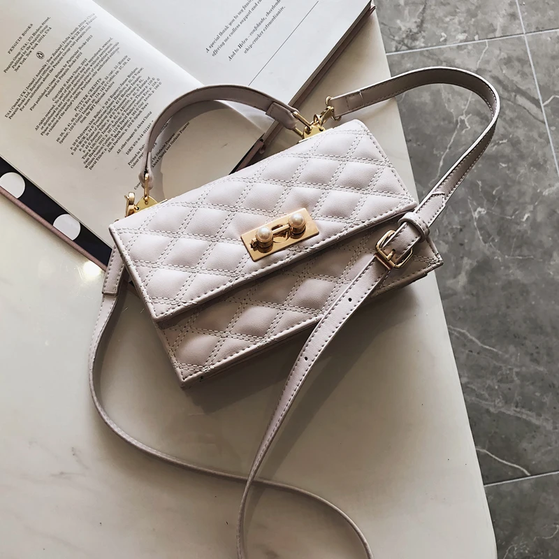 

Women Bag 2019 New Luxury Brand Business Office Ladies Small Bag Pearl Diamond Lattice Solid Shoulder Bags Female Plaid Satchels