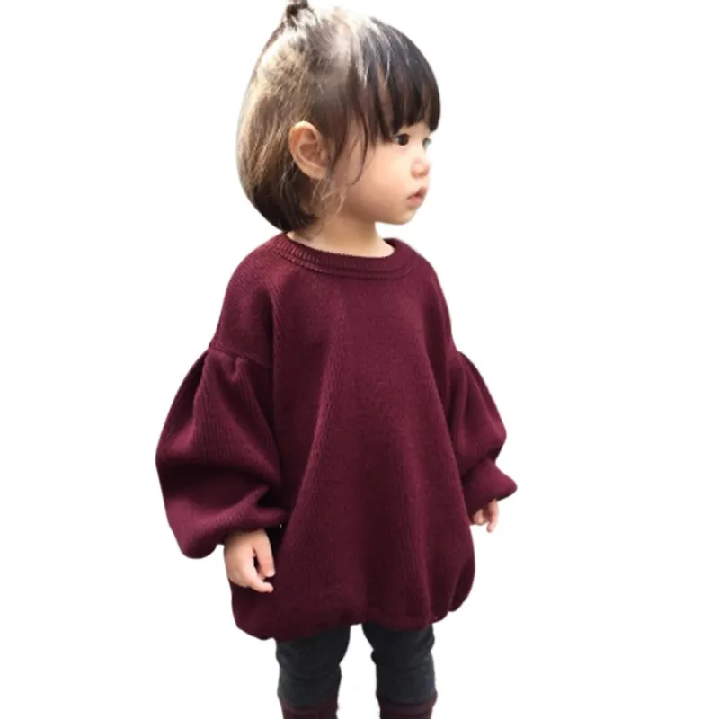 Baby Girl Long Sleeve Knitted Solid Red Sweater Clothes Kids Pleated
