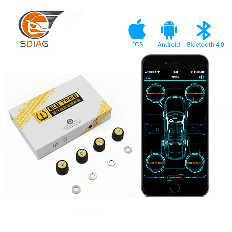 

BLE TPMS Bluetooth Low Energy App Display Car Tire Pressure Monitor System 4 Internal Sensors Suitable for iOS / Android