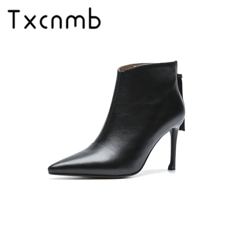 

TXCNMB New Sexy Black Dress Boots Women Ankle Boots Genuine Leather High Heels Zipper Office Ladies Autumn Winter Shoes Woman