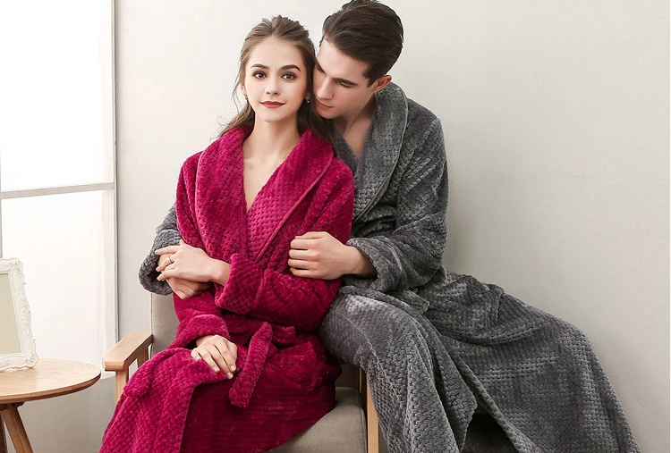 Winter Male Femlae Bathrobe Flannel Thick Robe Long Sleeve Soft Warm Bathrobe Men Women Home Wear Gown Robes Dressing Gown 1`