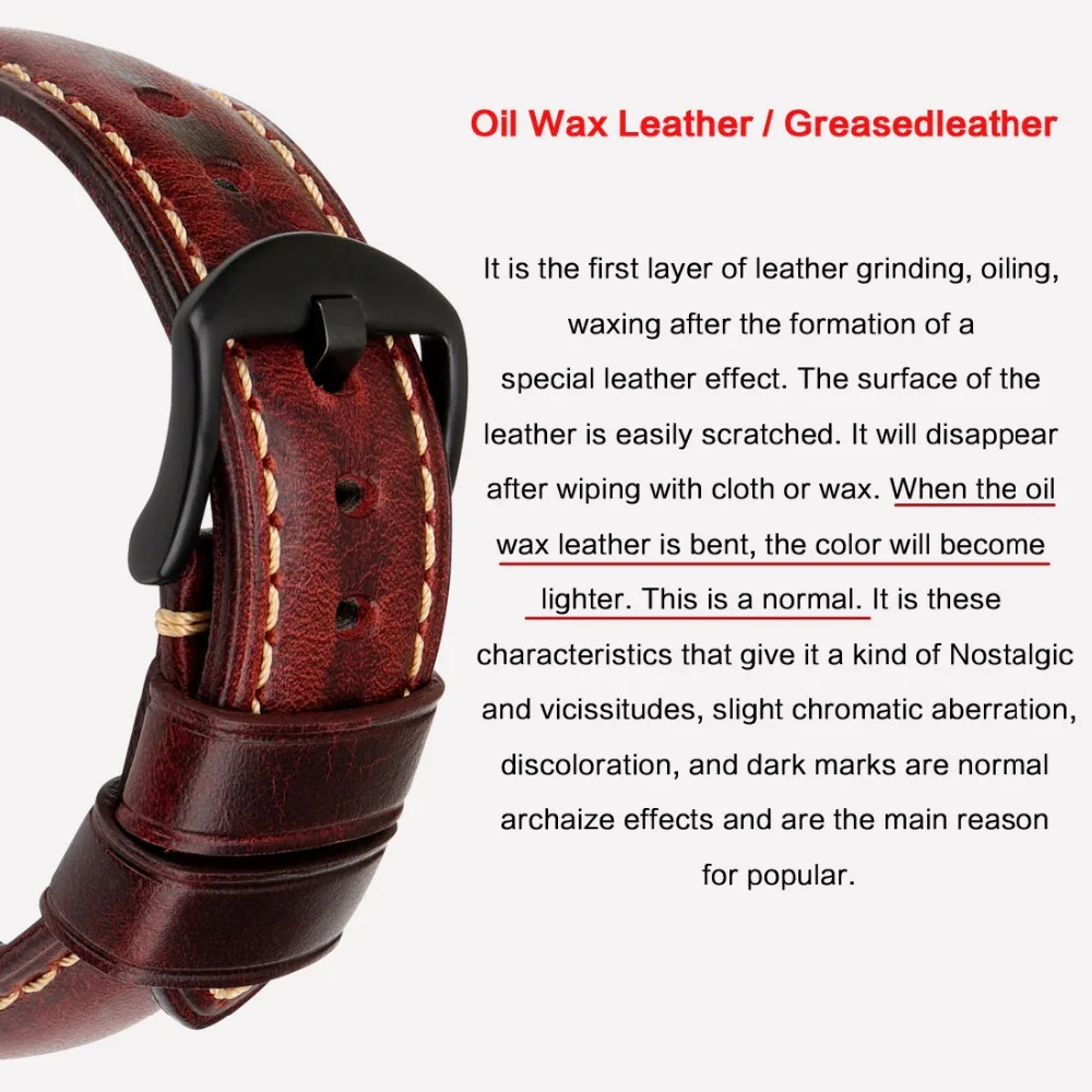 Online MAIKES Watch accessories fashion red watchband 20mm 22mm 24mm 26mm leather watch strap black buckle watch band for Panerai