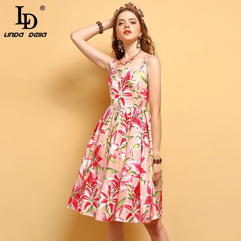

LD LINDA DELLA Fashion Runway Summer Dress Women's Spaghetti Strap Elegant Floral Print Casual Holiday Party Ball Gown Dress