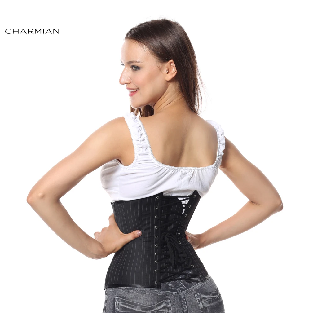 Женский корсет в стиле стимпанк Charmian Черный полоску на косточках и бюстье