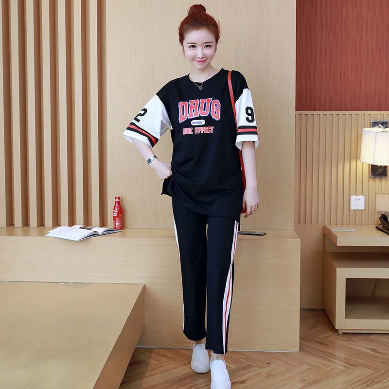 

Spring and summer Korean version of the loose pregnant women suit letter printed shirt + ribbon stitching wide leg lift pants