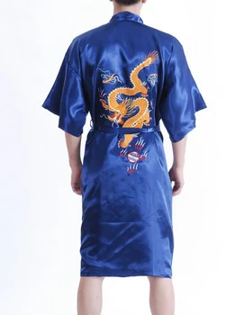 

New Arrival Navy Blue Male Silk Robe Chinese Classic Embroidery Night Wear Traditional Kimono Gown Size S M L XL XXL XXXL MR038