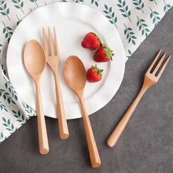 Wooden Cutlery Set Wood Spoon Fork Dinnerware Set Portable Soup Spoon Dinner Salad Fork Kids Catering