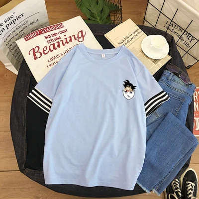 Женская футболка Харадзюку каваи милый карман Гоку Драконий жемчуг футболка с принтом летний хлопковый топ в Корейском стиле лоскутные футболки - Цвет: blue