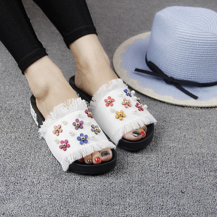 2016 New Korean Female Summer Sandals Casual Slippers Online Denim Daisy Pearl Ladies Comfort Footwear Cheap48