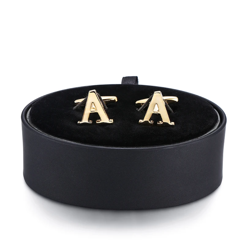 

DY a set of high quality plating golden letters A Cufflinks black leather box men French shirt Cufflinks box set free shipping