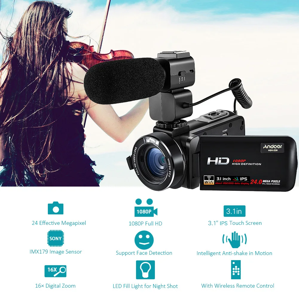 Andoer HDV Z20 1080P Full HD 24MP WiFi цифровая видеокамера с внешним микрофоном 3 0 &quotВращающийся