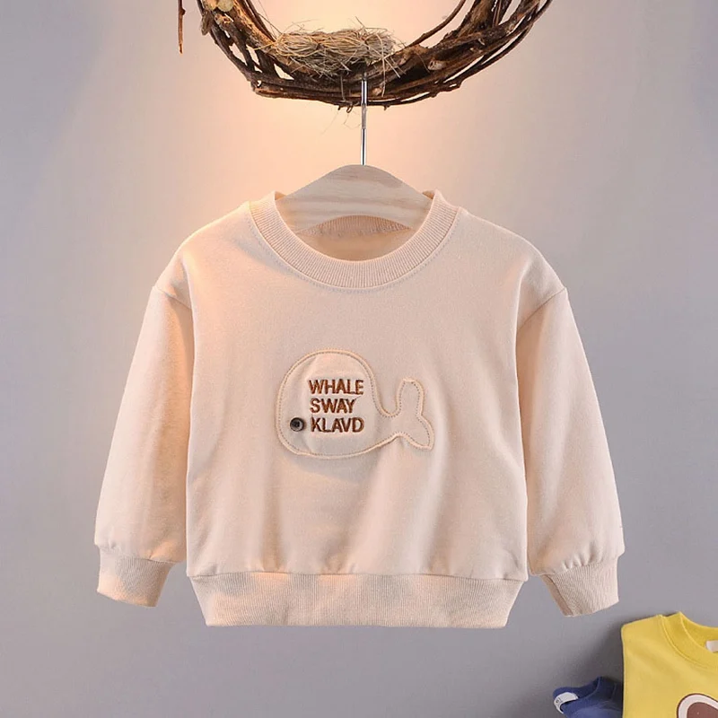Г., весенне-осенняя Базовая футболка с длинными рукавами и милым рисунком Кита для маленьких мальчиков и девочек топы, пуловер C1831 - Цвет: Beige