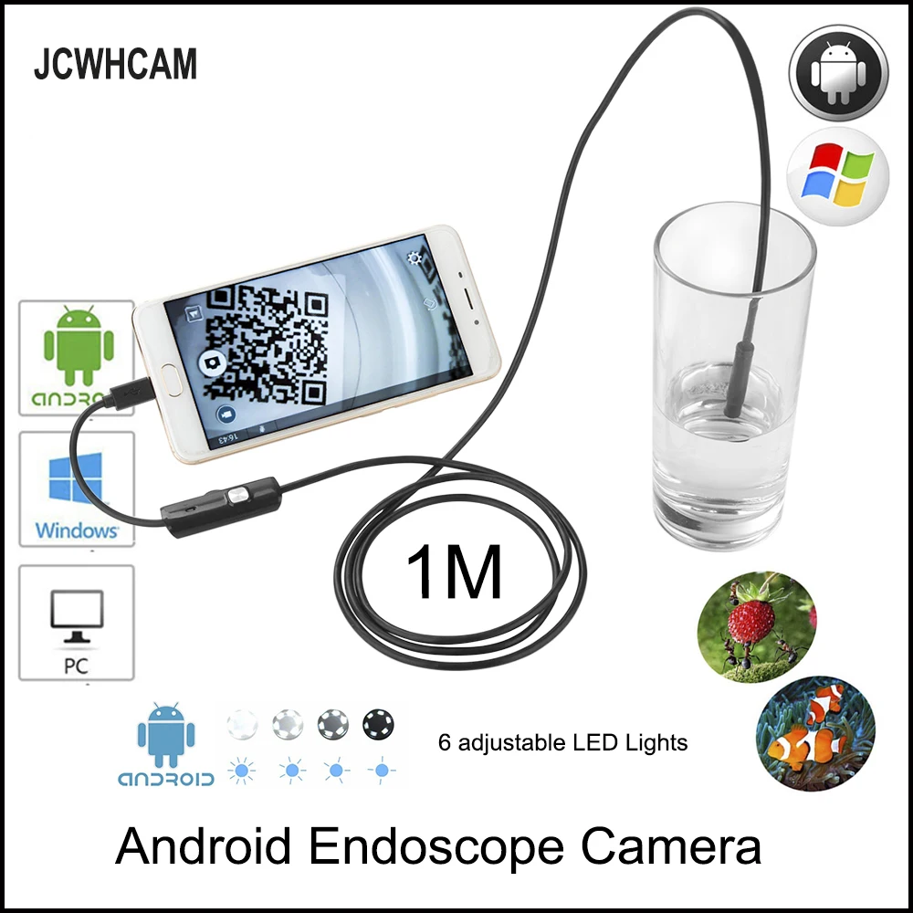 JCWHCAM 8mm Waterproof PC Android Endoscope Camera with 6LED Len OTG Micro USB Endoscopy Borescope for PC Android Phone 7mm endoscope camera flexible ip67 waterproof micro usb industrial endoscope camera for android phone pc 6led adjustable