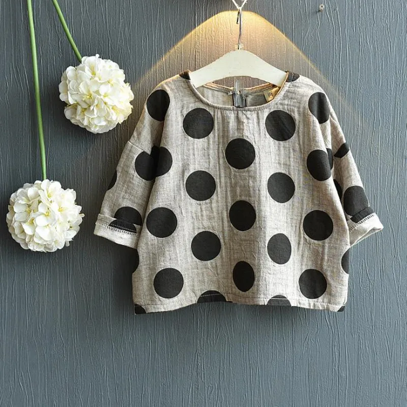2018 Children Clothes Baby Boys Girls Full Sleeve Blouse Kids Polka Dot Top Shirt Cotton Linen Fashion Baby Clothes contrast collar polka dot top