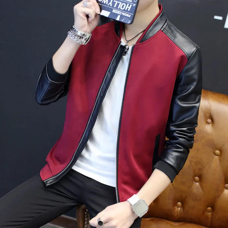 

HO 2018 male autumn PU leather stitching jacket young men handsome baseball suit Slim men