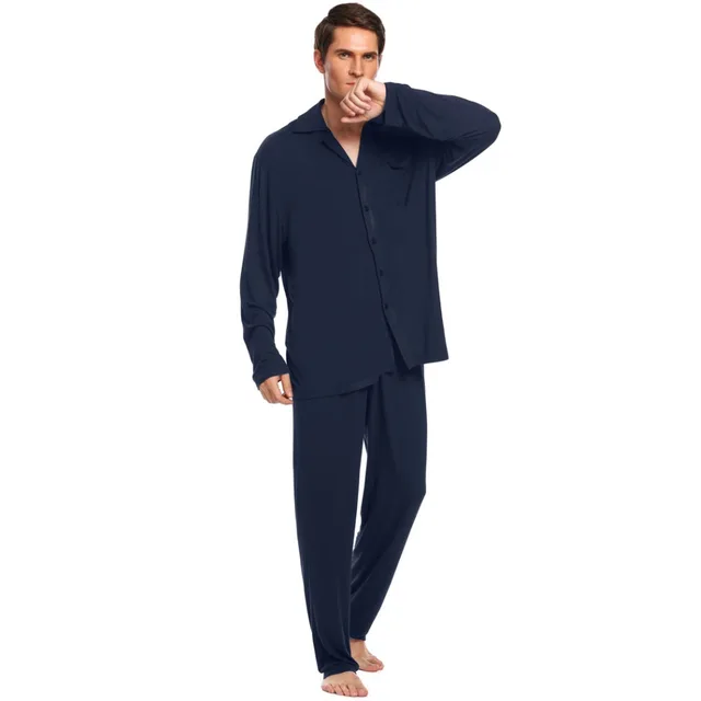 Ekouaer Mens Pajamas Set Nightwear Long Sleeve Solid Loose Sleepwear Set Broadcloth Turn Down Collar Loungewear M-3XL