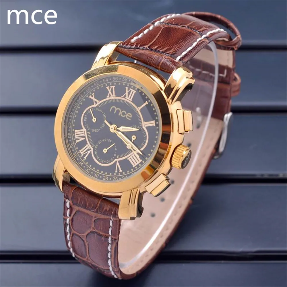 MCE Luxury watch Men 6 Hands Date day Golden Case Brown Leather Band Men Mechanical Watches
