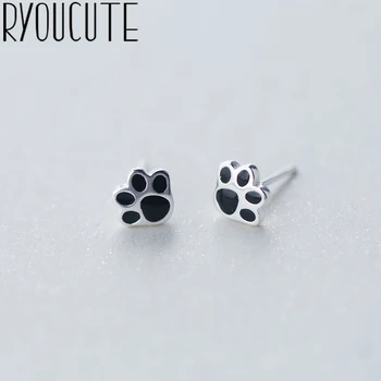 

RYOUCUTE 100% Real 925 Sterling Silver Luxury Brand Black Cat Footprint Earrings for Women Wedding Jewelry Pendientes