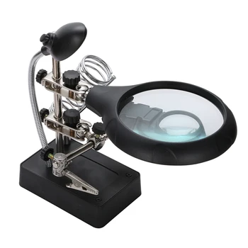 

AC/DC Interchangeable 5 LED Auxiliary Clip Magnifier 2 Lens Soldering Iron Stand Station DIY Tool