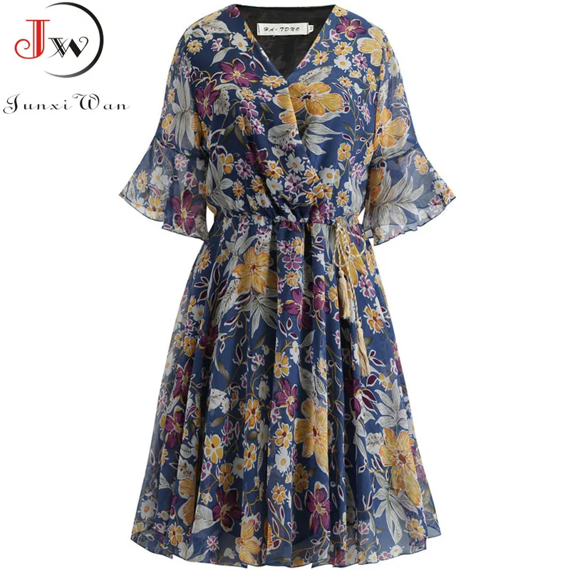 

Women Floral Printed Summer Vintage Dress Short Sleeve V Neck Casual Chiffon Dress Elastic Waist A-line Dress Plus Size