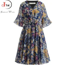 Vestido Vintage de verano con estampado Floral de manga corta y cuello en V, vestido informal de Chifón con cintura elástica y corte en A para mujer, vestido de talla grande