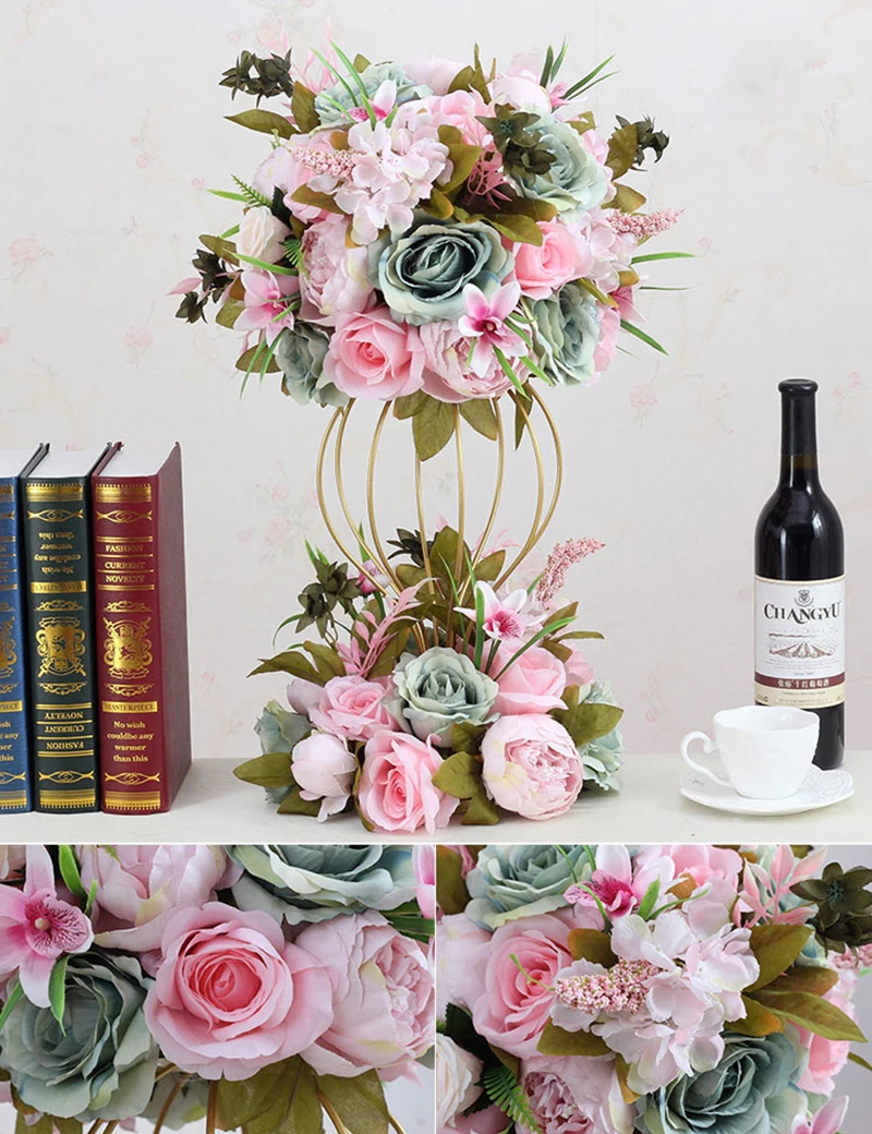 JAROWN Artificial Flower Ball Flower Stand Set Silk Fake Flower Wedding Stage Decoration Flores Home Party Table Decorations (13)