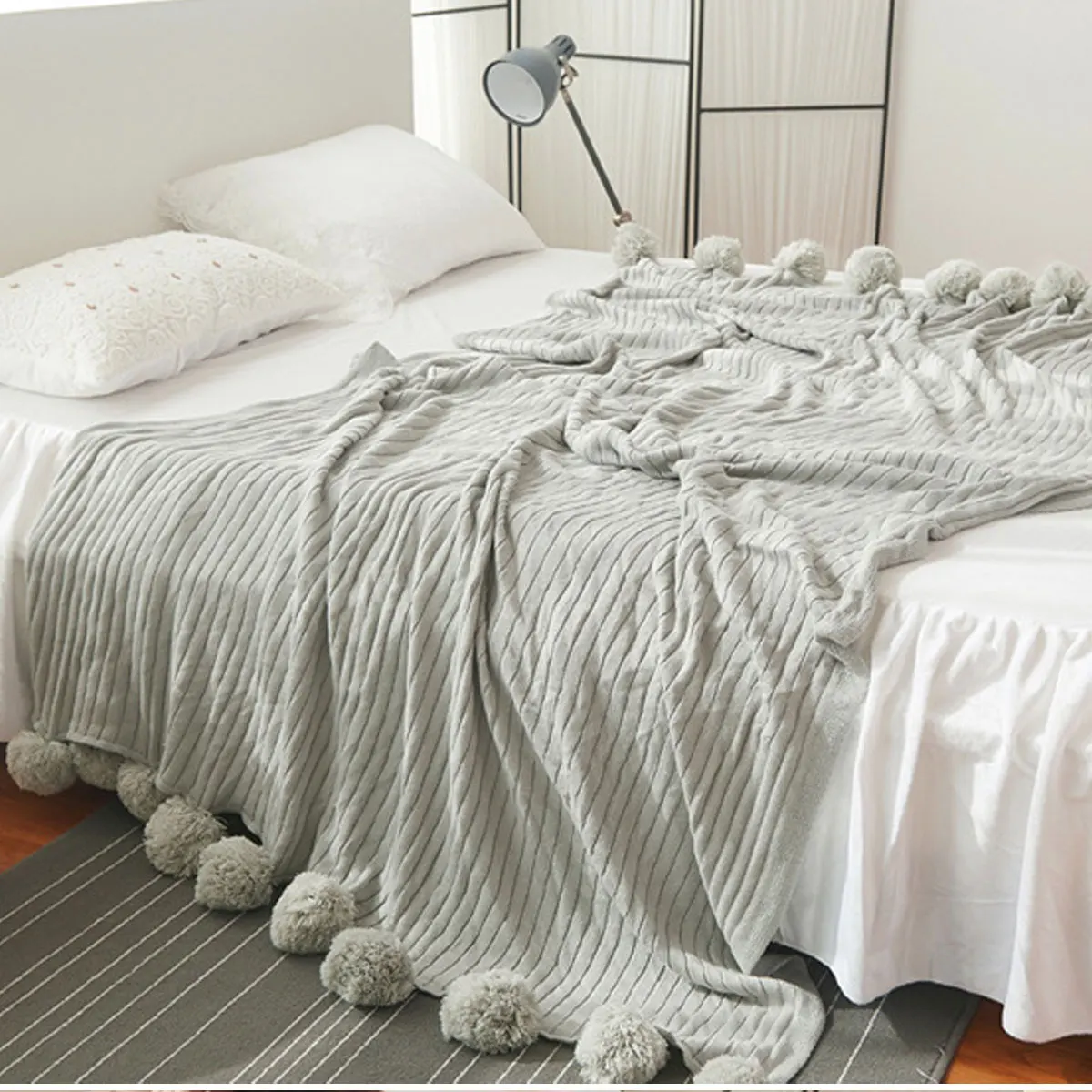 5 цветов, качественное хлопковое вязаное одеяло с помпонами, 100*105 см, для детей, взрослых, двойной размер, для кровати, трикотажная кровать, диван, домашний декор