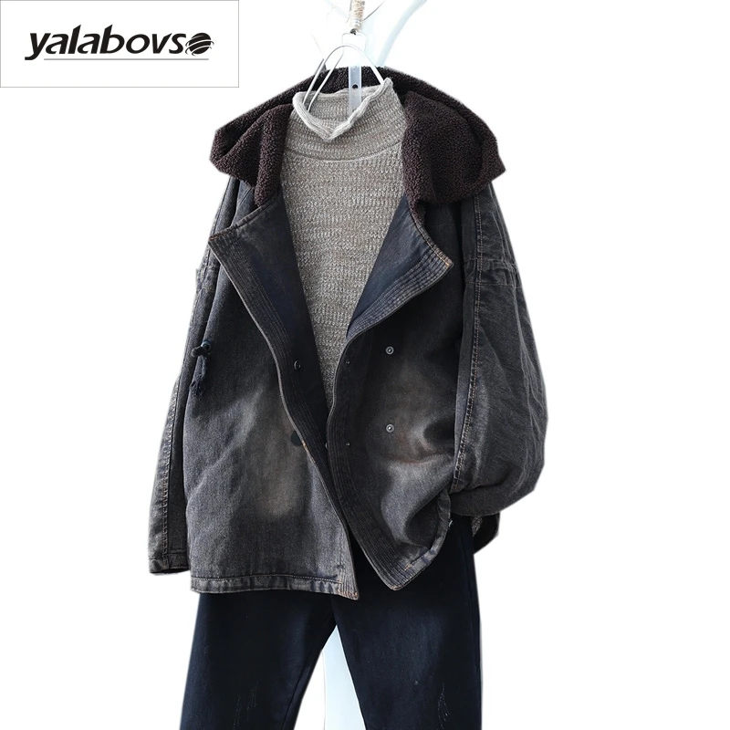 

Yalabovso 2018 Newest Spring Autumn Retro Vintage Jacket Female Sherpa Denim Patchwork Thick Warm Coat for woman A74-456456z15