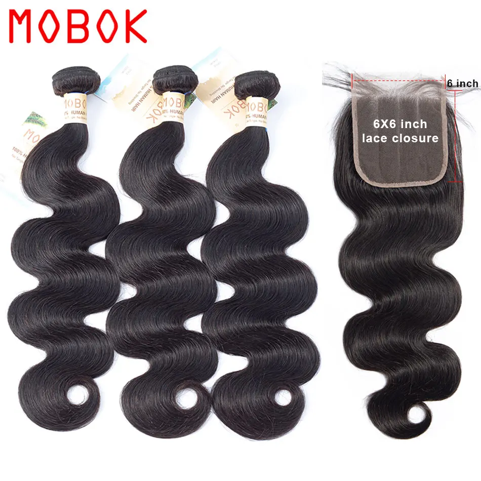 Mobok Brazilian Hair Body Wave 3 Bundles With Closure Human 6*6 Lace Extension | Шиньоны и парики