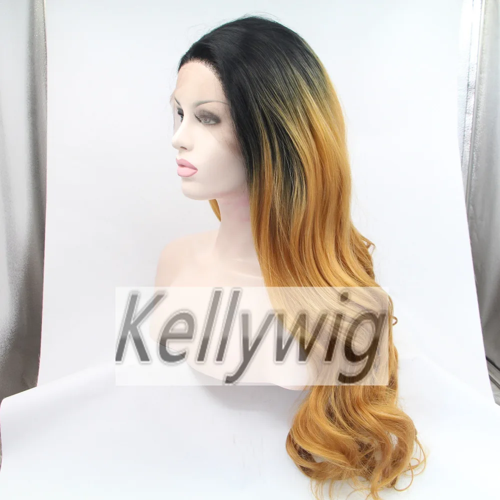 

Free Ship Stock Lace Front Wig Length 16"-28" Heat Resistant Hair Full Wig Ombre Color 1B/30 Wavy Synthetic Hair Medium Cap