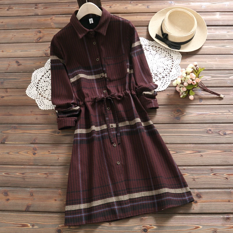 Зимнее плотное бархатное платье в полоску; Новинка года; милое платье с длинными рукавами; mori girl vestidos - Цвет: Бургундия