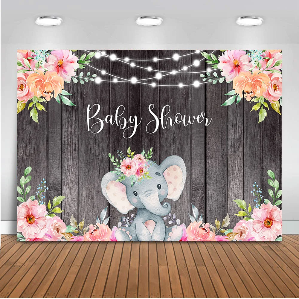 

Elephant Baby Shower Backdrop for Photography Wood Floor Background for Photo Studio Flower Backdrops Newborn Party Decoration