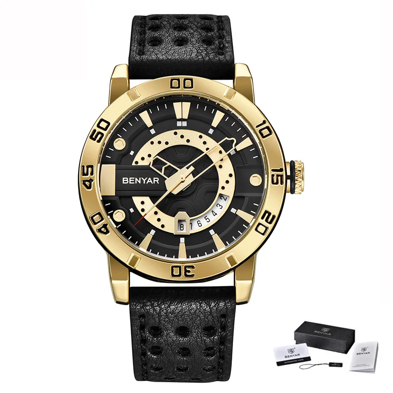 Black Gold Black Benyar часы мужские люксовый бренд кварцевые мужские s Wist часы военный кожаный ремешок повседневные квадратные часы водонепроницаемые Reloj de hombre - Цвет: Black Gold Black