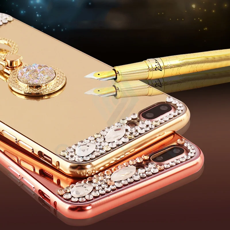 

GULYNN Luxury Diamond Soft TPU Rhinestone Glitter Mirror Case For iphone 5 5s SE 6 6s 7 8 X Plus Crystal Ring Mirror Cover Case