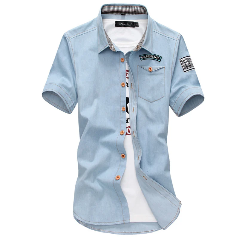 

Men Summer Denim Shirts Light Blue Short Sleeves Jean Shirts Men Cotton Outwear Casual Slim Shirts Size 3XL