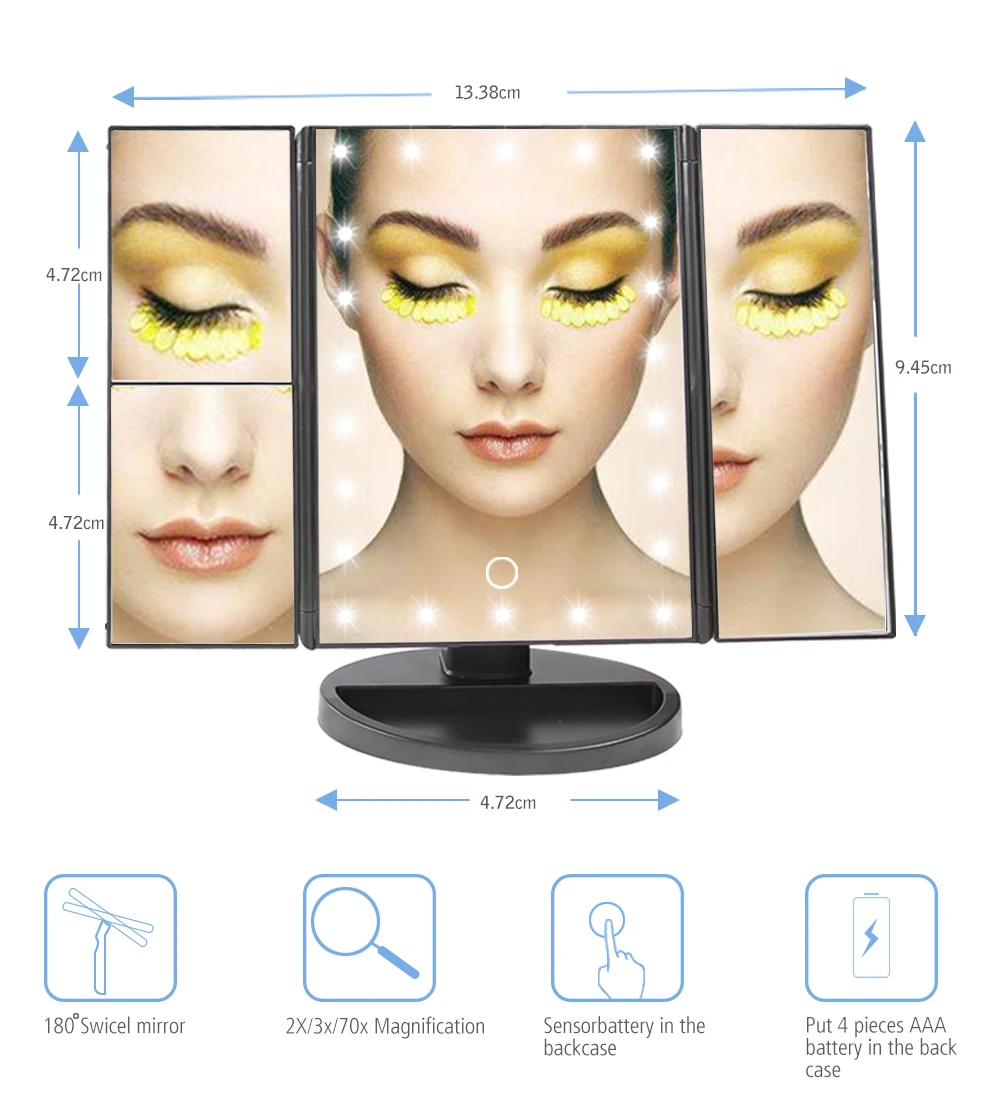 Зеркало для макияжа светодиодный сенсорный экран с 22 светодиодный светильник 1X/2X/3X/10X увеличительное зеркало 3 Складные регулируемые зеркала Настольный макияж