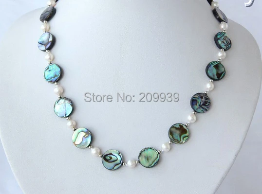 

huij 003573 big 14mm round coin green abalone shell white pearl necklace bracelet set