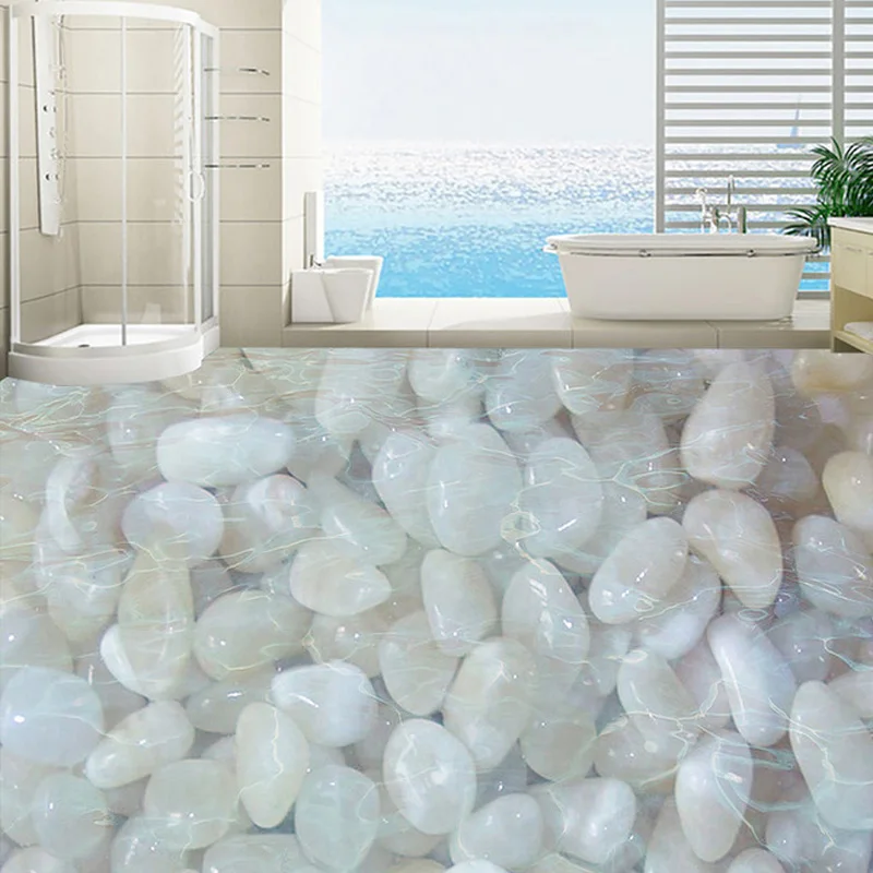 Custom 3D Floor Wallpaper White Cobblestone Living Room Bathroom Floor