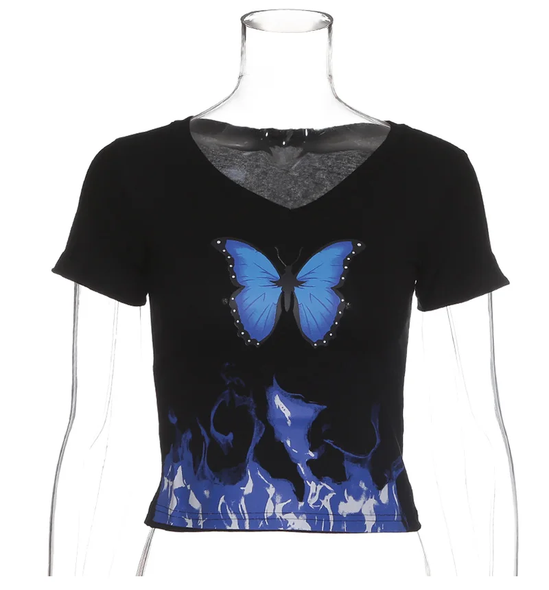 Футболка в стиле панк-рок в стиле ретро с изображением синего пламени и бабочек, Короткие облегающие женские укороченные топы