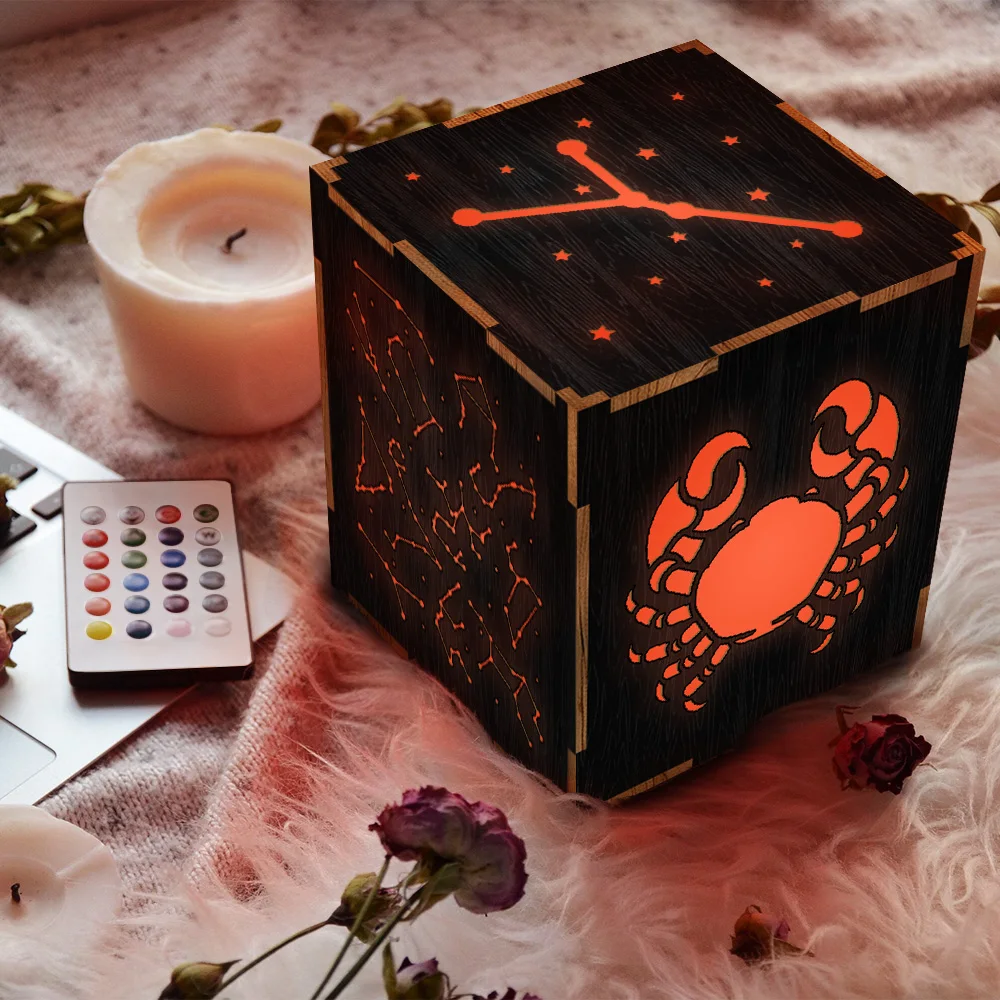 

1Piece Cancer Zodiac Symbol Table Lamp Handmade Wooden Lantern Personalized 16 Colors Change Desk Lamp LED Night Novelty Lights