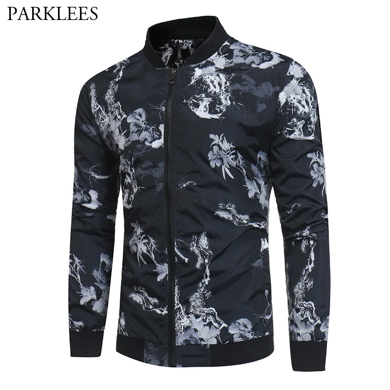 Aliexpress.com : Buy Floral Print Black Bomber Jacket Men 2019 Brand ...