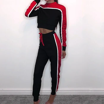 

Tracksuit Women Casual Women's Sets Long Sleeve Round Neck Striped Long Pants Two Pieces Suits WS5132E