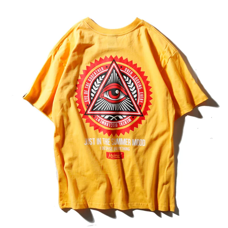 

illuminati T Shirts Men's Hip Hop Eye of Godfather Printed Casual Cotton Streetwear Tops Tees Yellow Black Tshirts HI46B#