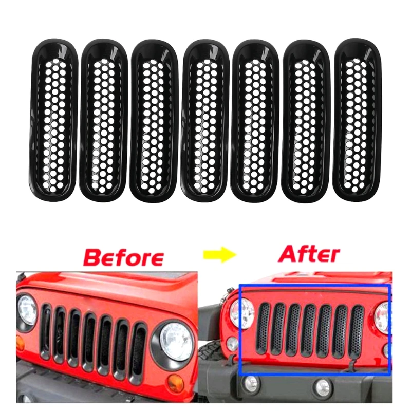 

Car-Styling 7PCS For Jeep Wrangler JK 2007-2017 Matte Black Front Insert Mesh Grille Trim Cover Racing Grills Exterior Parts